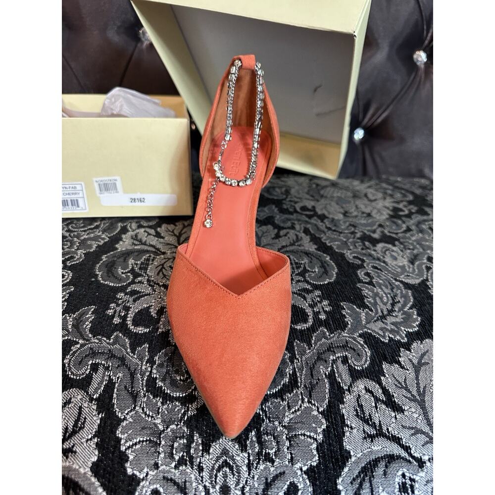 Open Edit Heels 9.5 Orange Cherry Pointed Toe Pump Rhinestone Ankle Chain NIB - Picture 2 of 13